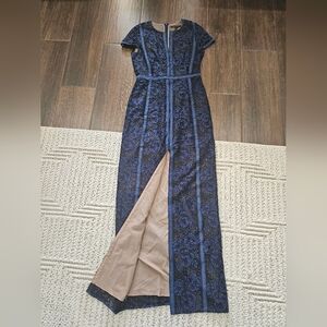 BCBGMaxAzria Navy and Tan Floral Lace Gown